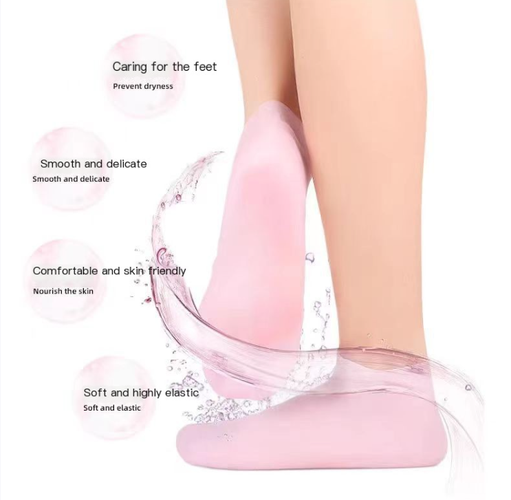 Silicone moisturizing sock worn on a foot