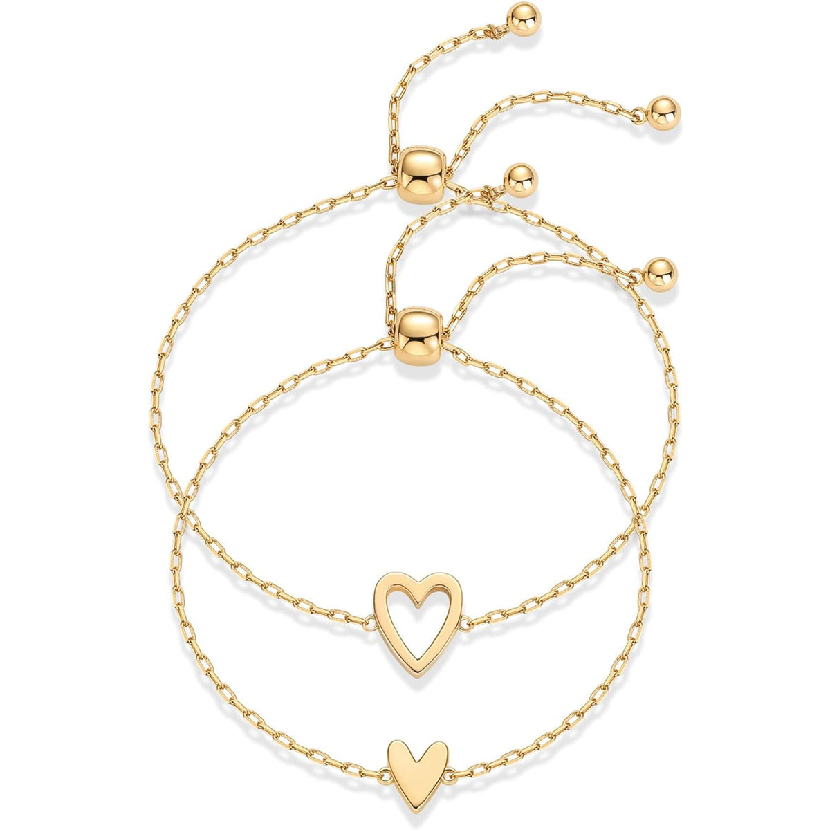 Gold matching hearts bracelet set: one open-heart and one solid-heart bracelet with slider clasps