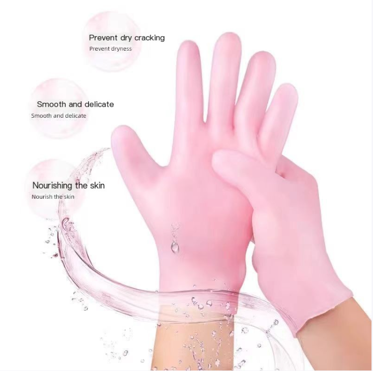 Silicone moisturizing gloves worn on both hands