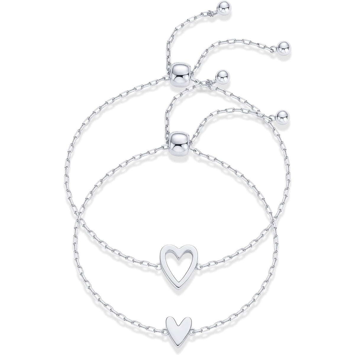 Silver matching hearts bracelet set: one open-heart and one solid-heart bracelet