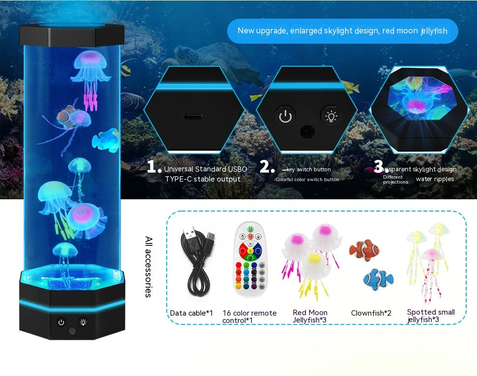 Jellyfish lamp accessories: USB cable, remote, jellyfish and clownfish