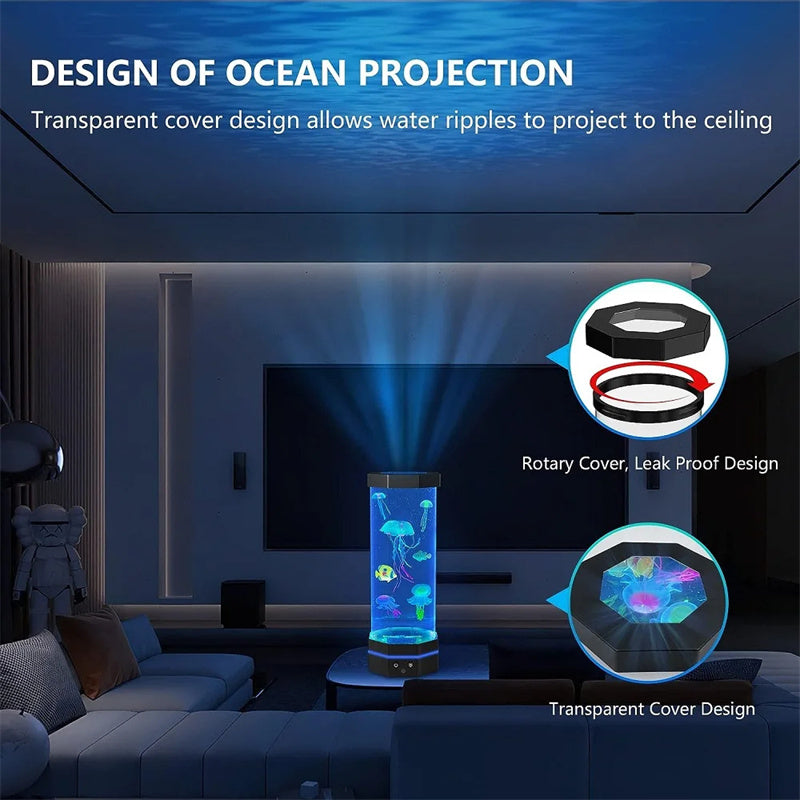 Jellyfish lamp projecting water ripples onto the ceiling in a dark living room