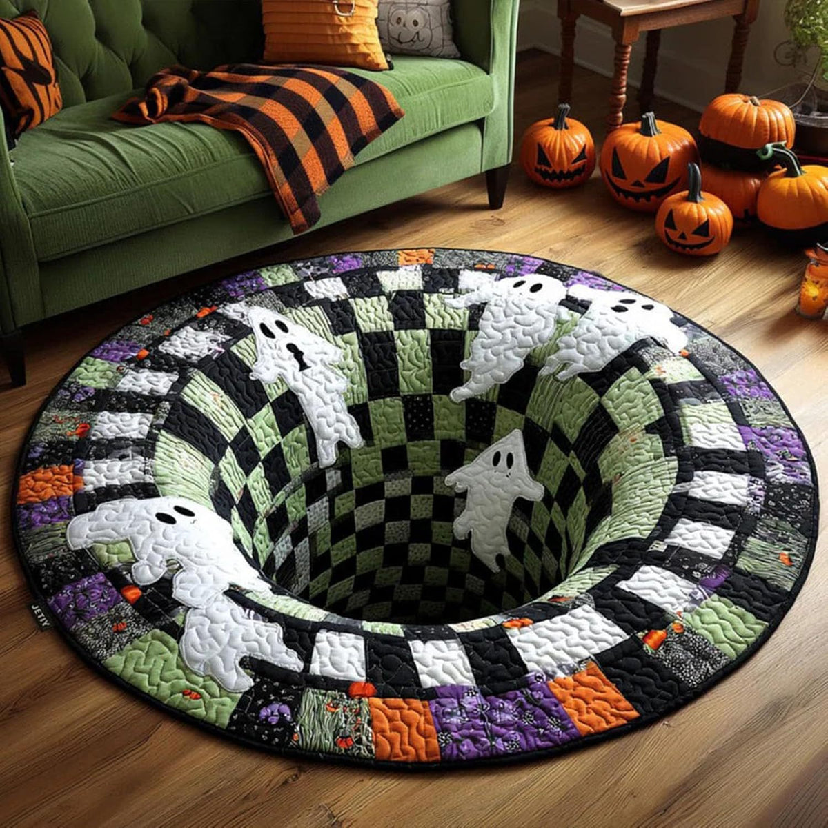 Ghost Vortex — 3D illusion Halloween rug with ghosts circling a checkered vortex