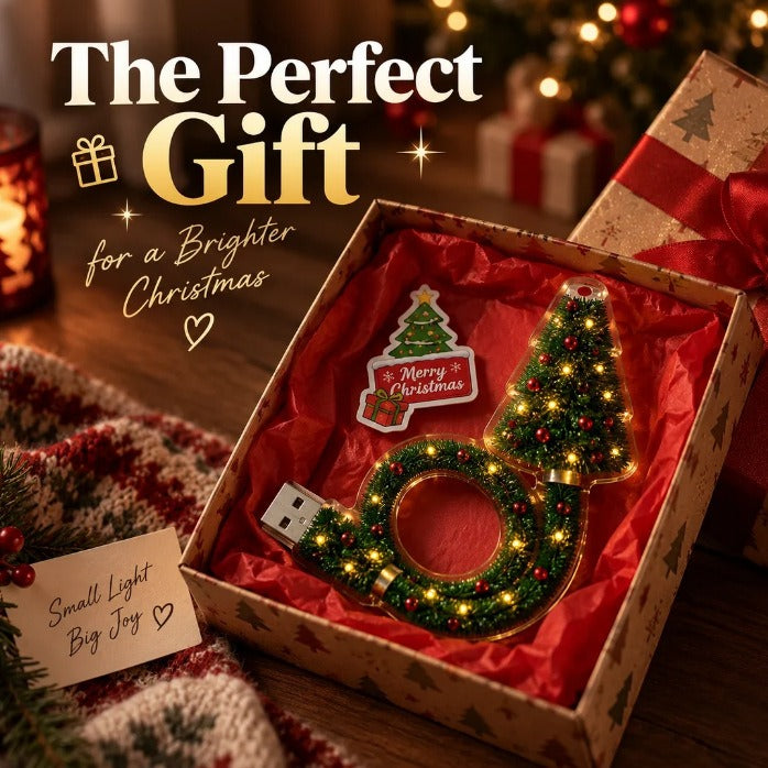 Tree projector lamp packed in a red gift box with a Merry Christmas tag and a Small Light Big Joy note