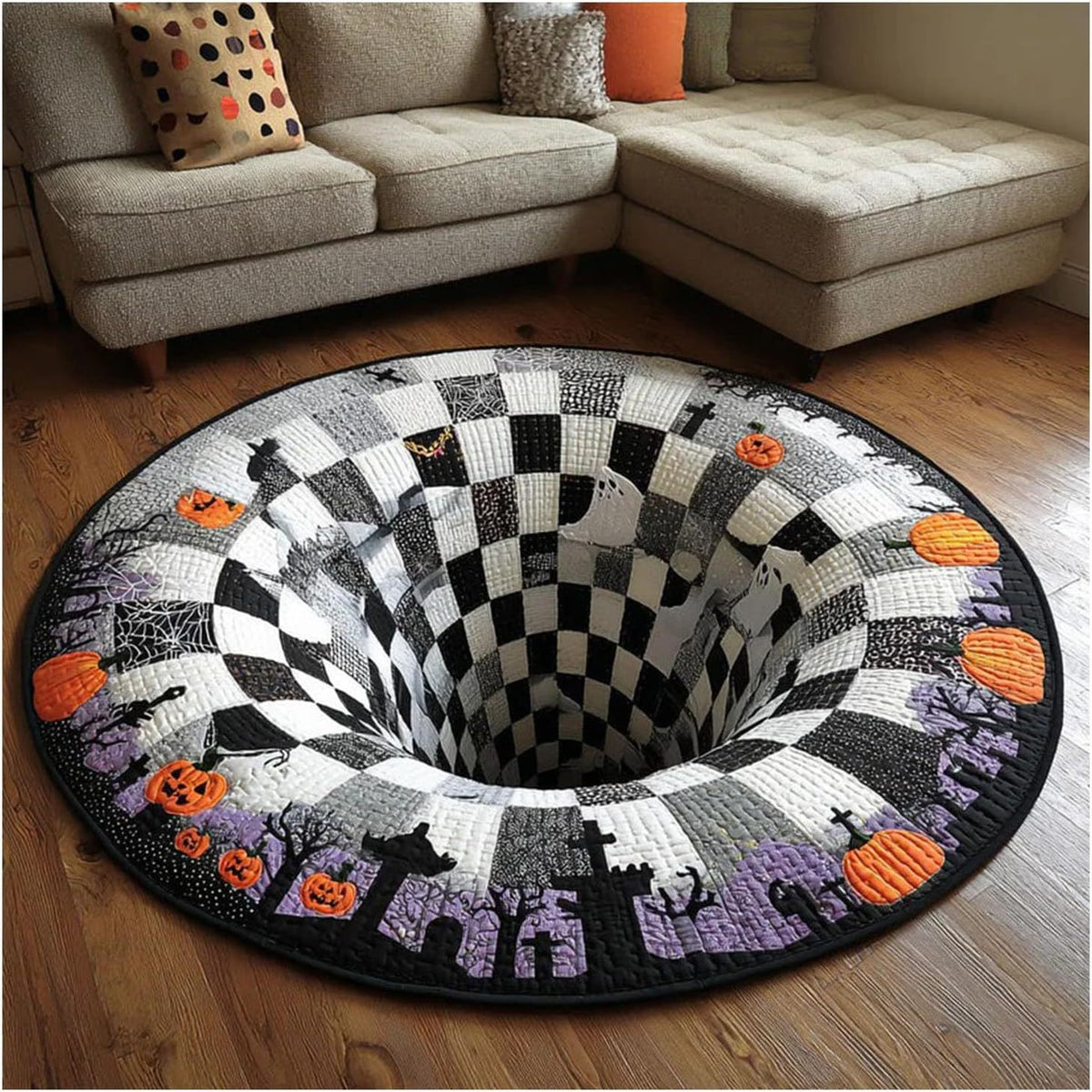 Graveyard Illusion — black and white checkered vortex rug with pumpkins and graveyard silhouettes
