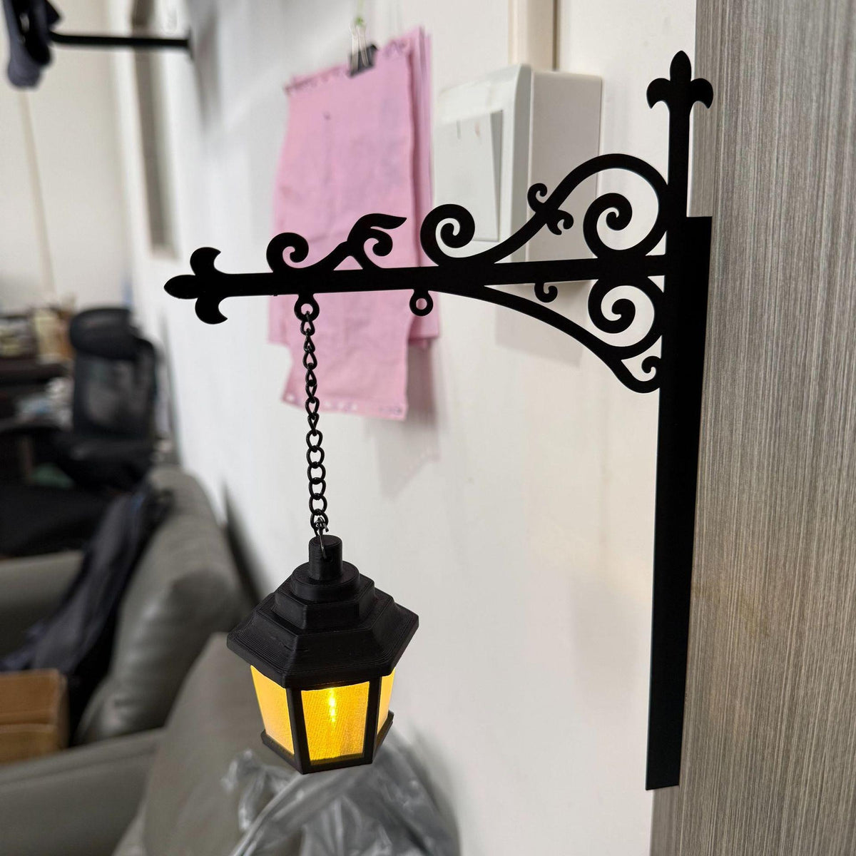 Hanging lantern style bookshelf insert, lit