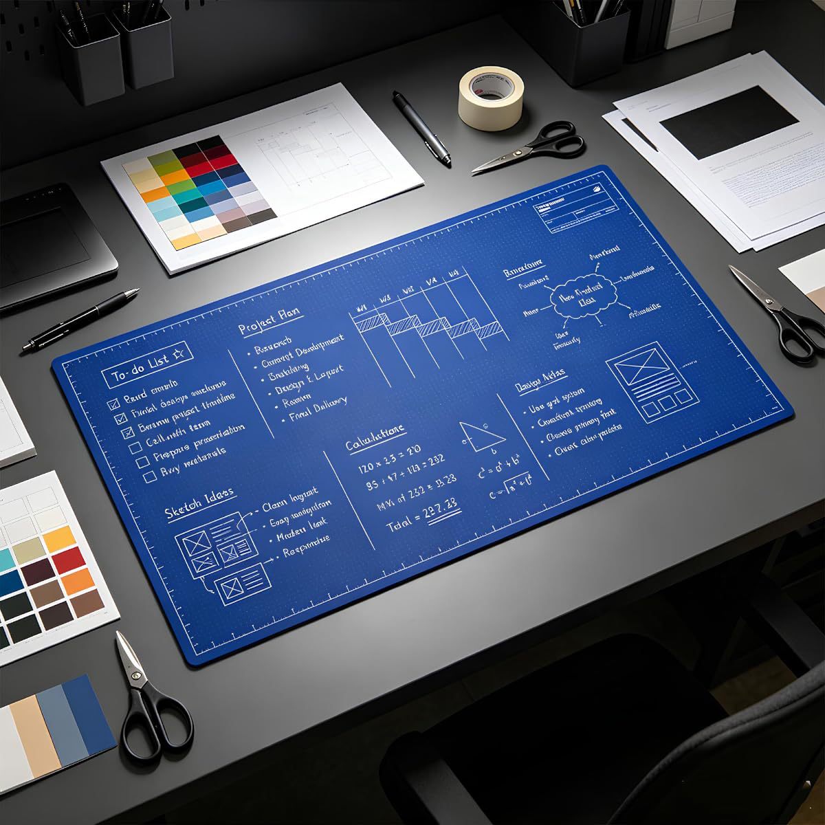 Blueprint desk mat on a dark desk with a to-do list, timeline and sketches written on it