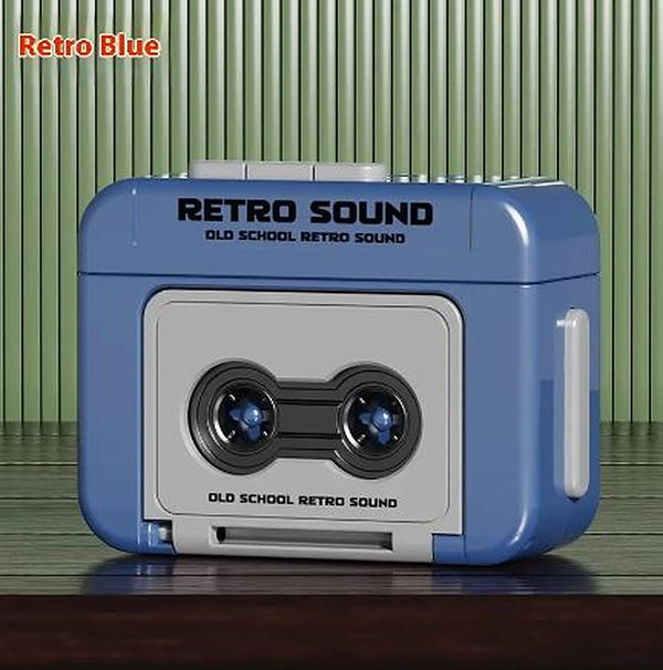 Retro cassette recorder music key chain charm clipped to a set of keys