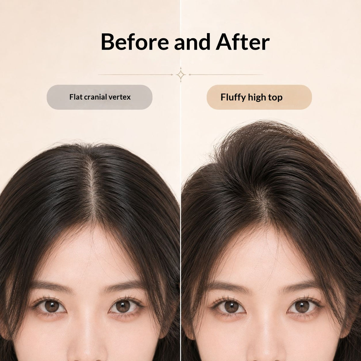 Before and after close-up of flat roots versus fluffy high top