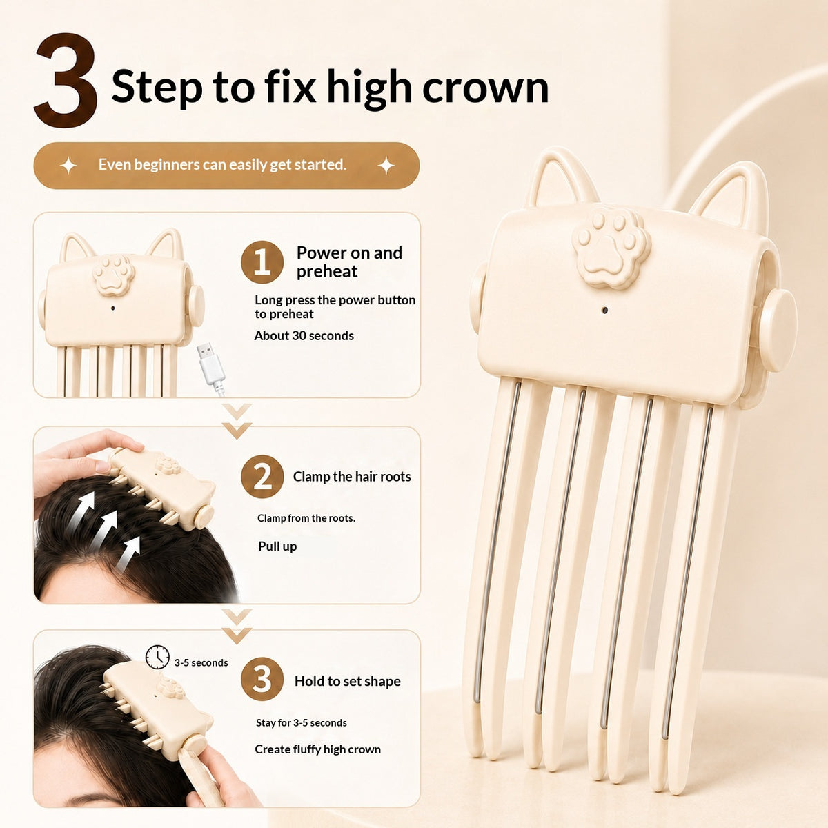 Three steps: preheat, clamp the roots, hold 3 to 5 seconds