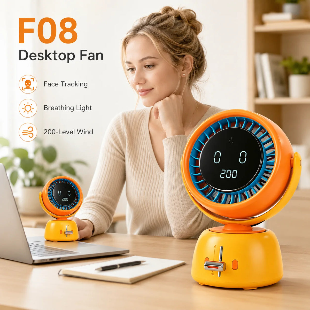 ChillTrack fan with breathing light on a nightstand beside a workspace