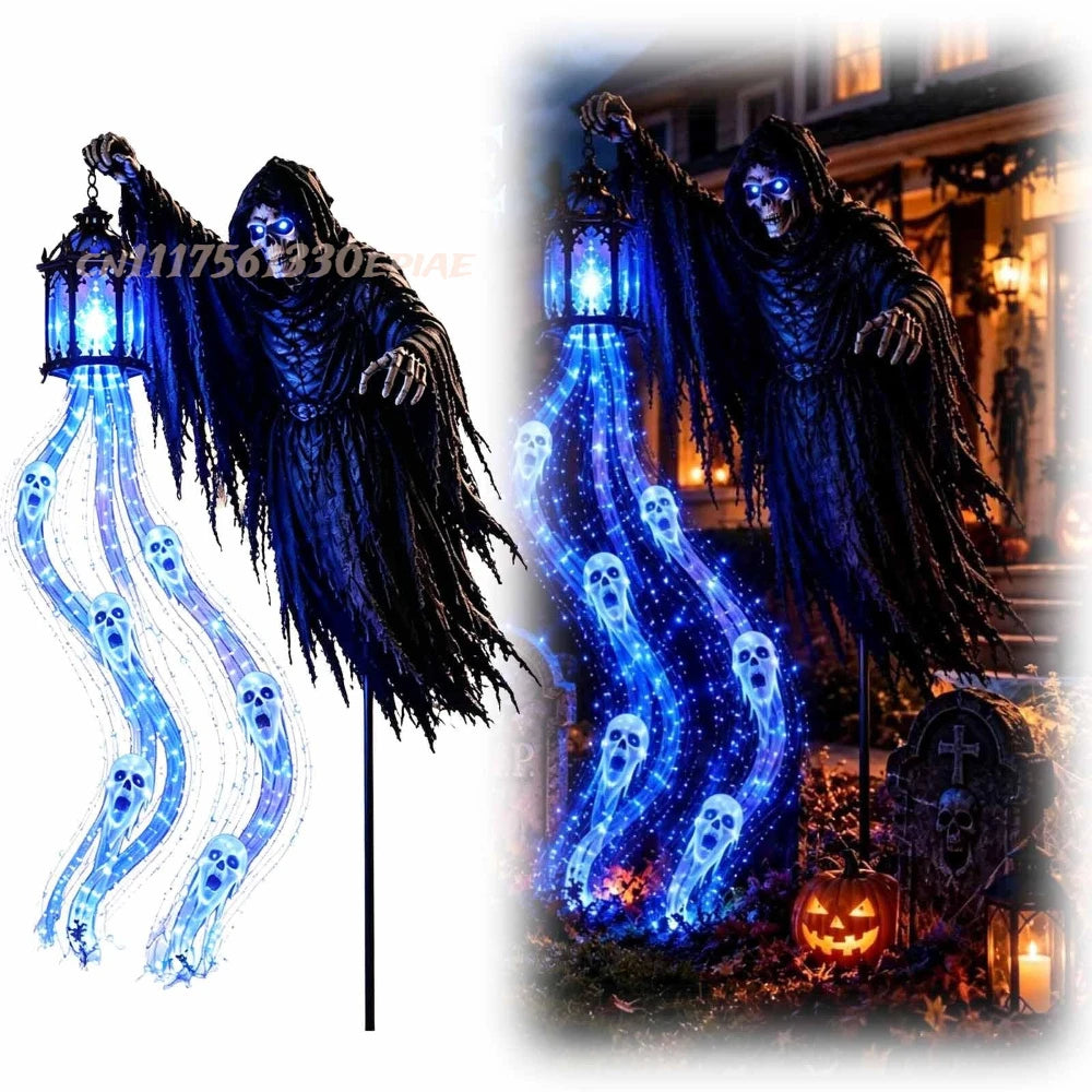 Soul Harvester grim reaper garden stake light with flowing blue LED soul trail