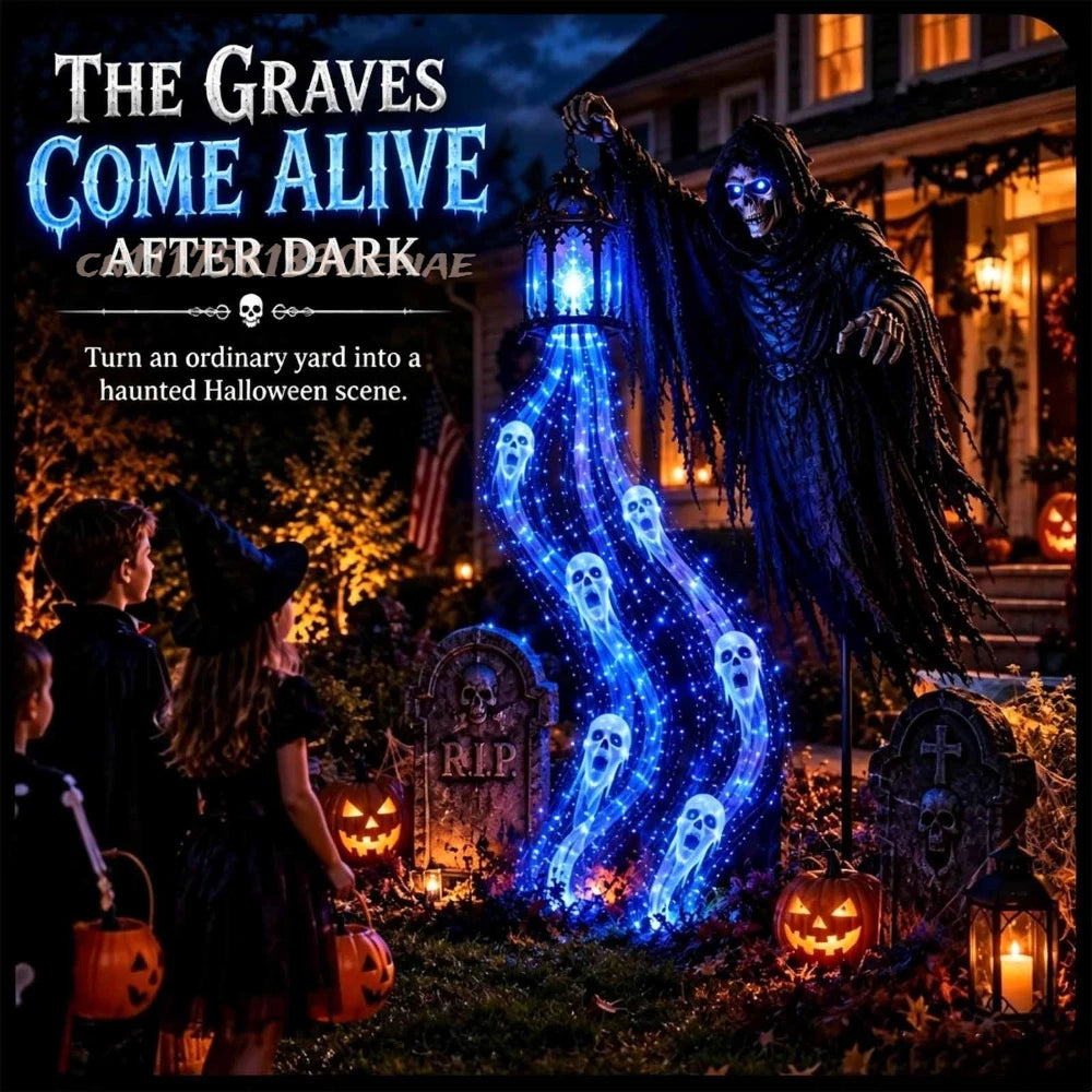 Reaper light glowing blue beside a walkway at night