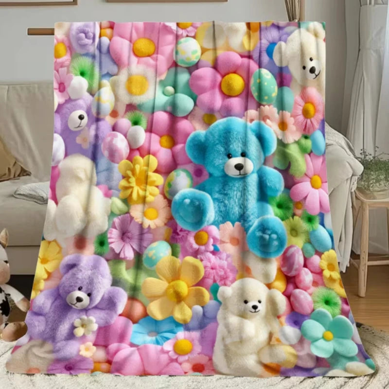 Flat detail of the teddy bear and flower print