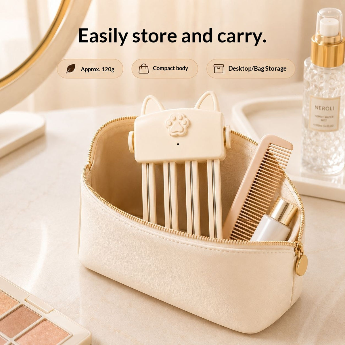Compact clip stored in a makeup bag for travel