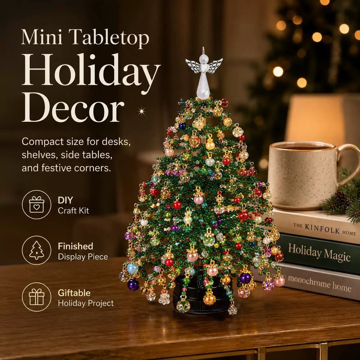 Classic Christmas beaded tree with colourful ornaments and warm lights