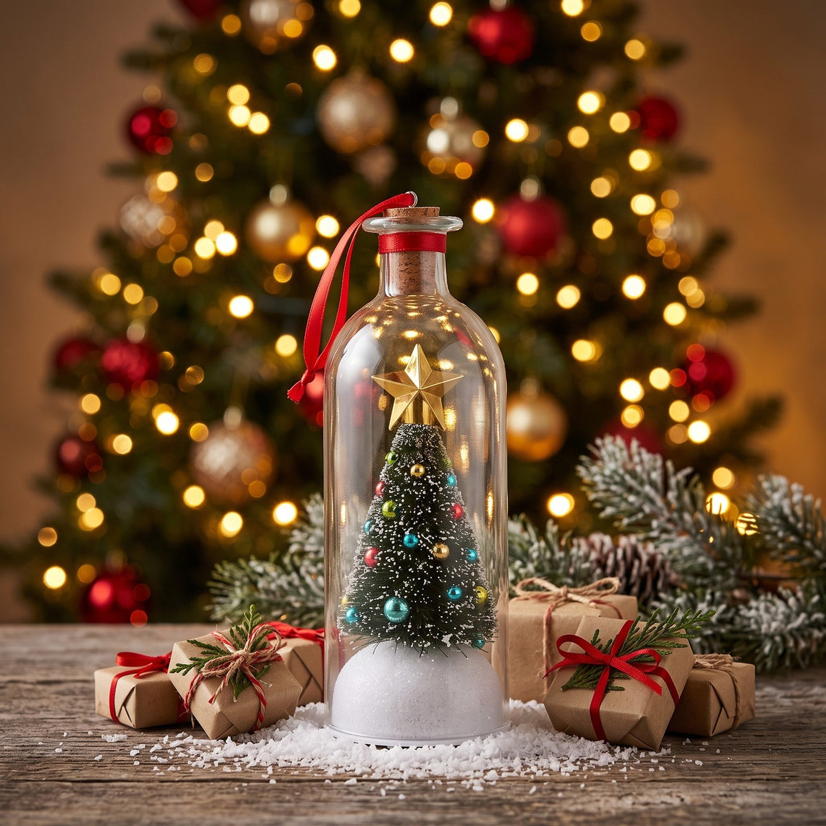 Christmas tree bottle under the Christmas tree with wrapped presents