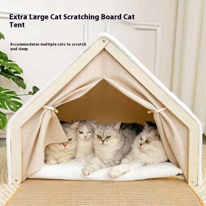 Front view with two cats inside the tent