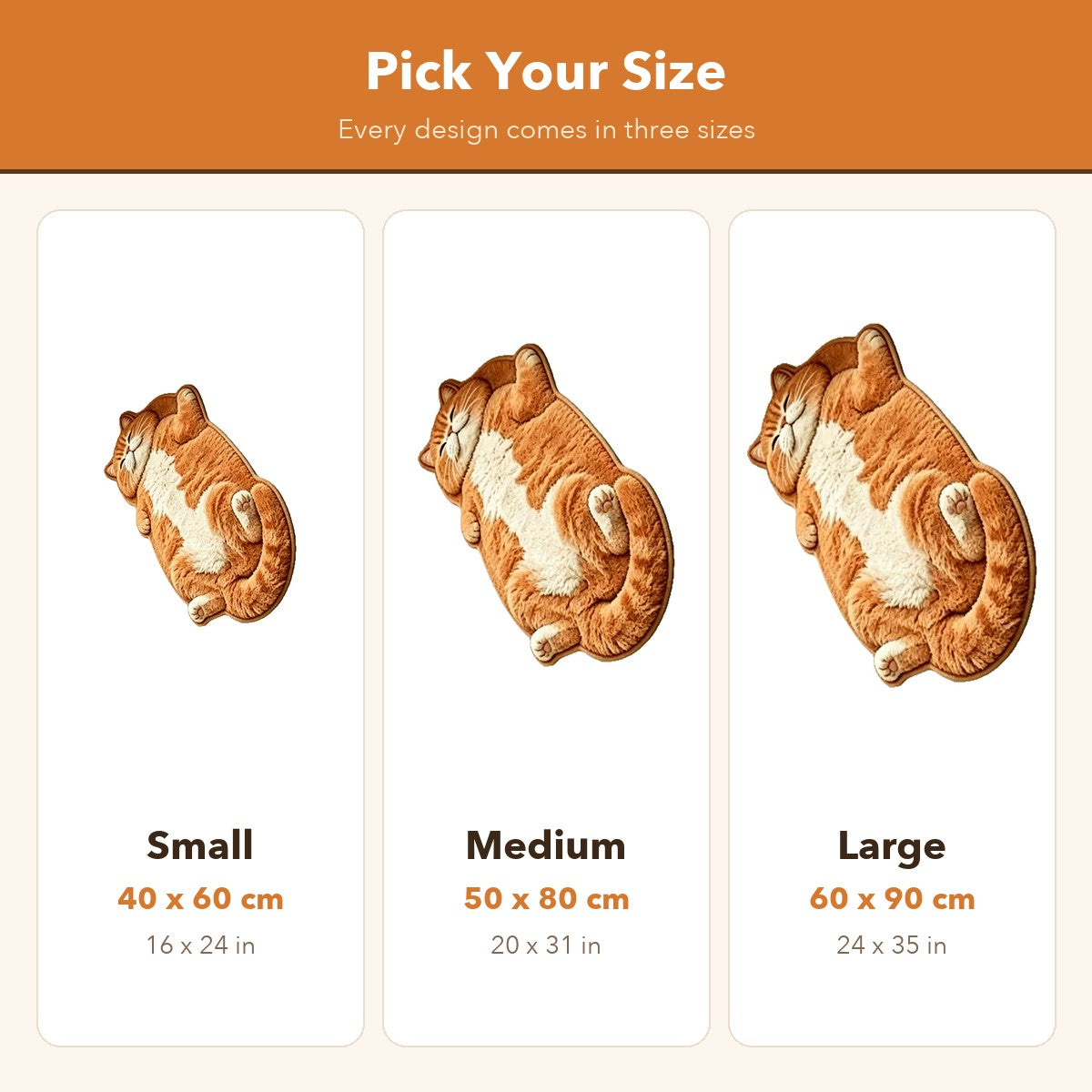 Size chart: 40 x 60 cm, 50 x 80 cm and 60 x 90 cm