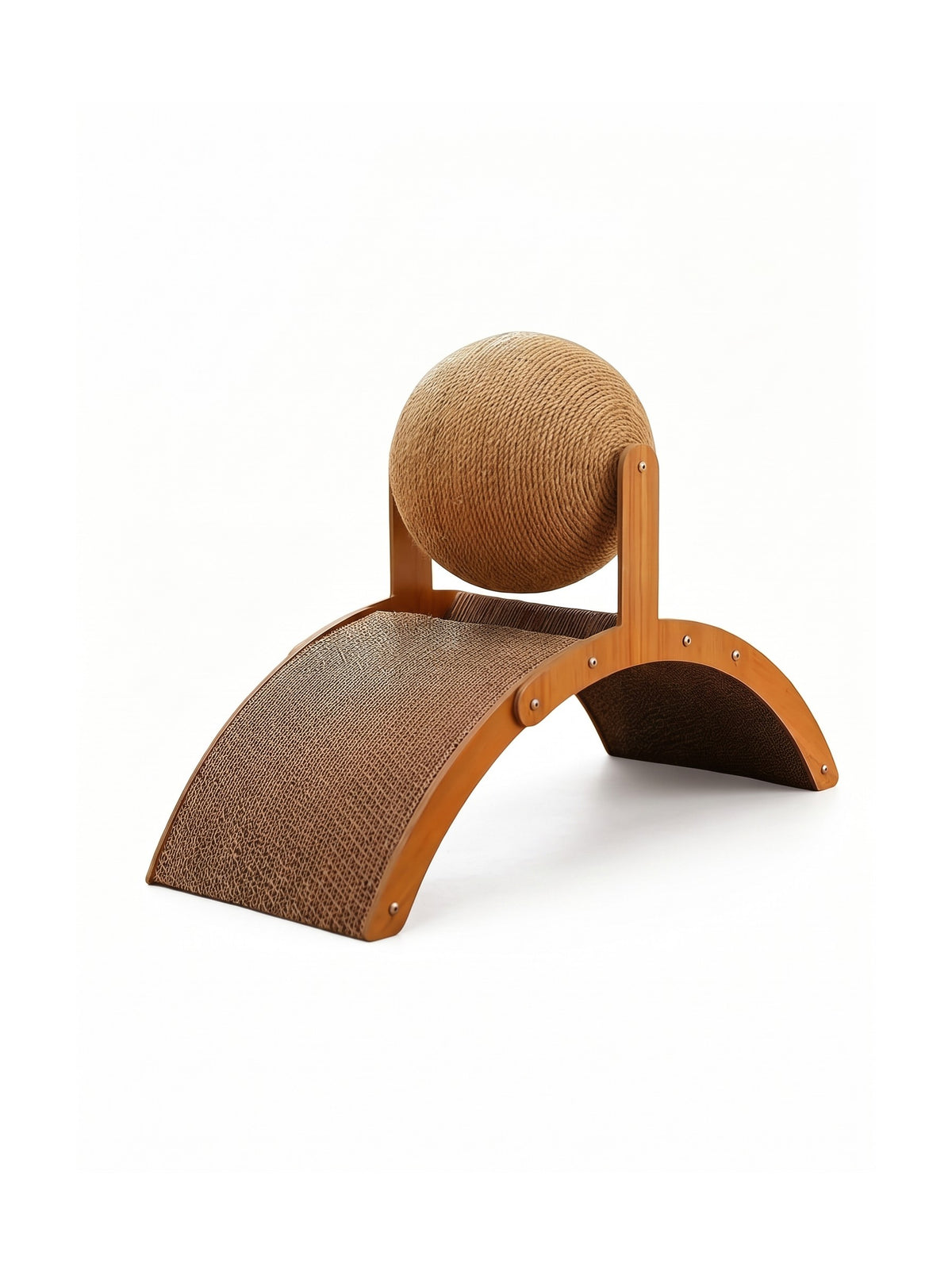 Wobble ball cat scratcher — sisal ball on a wooden post over a curved corrugated scratch board