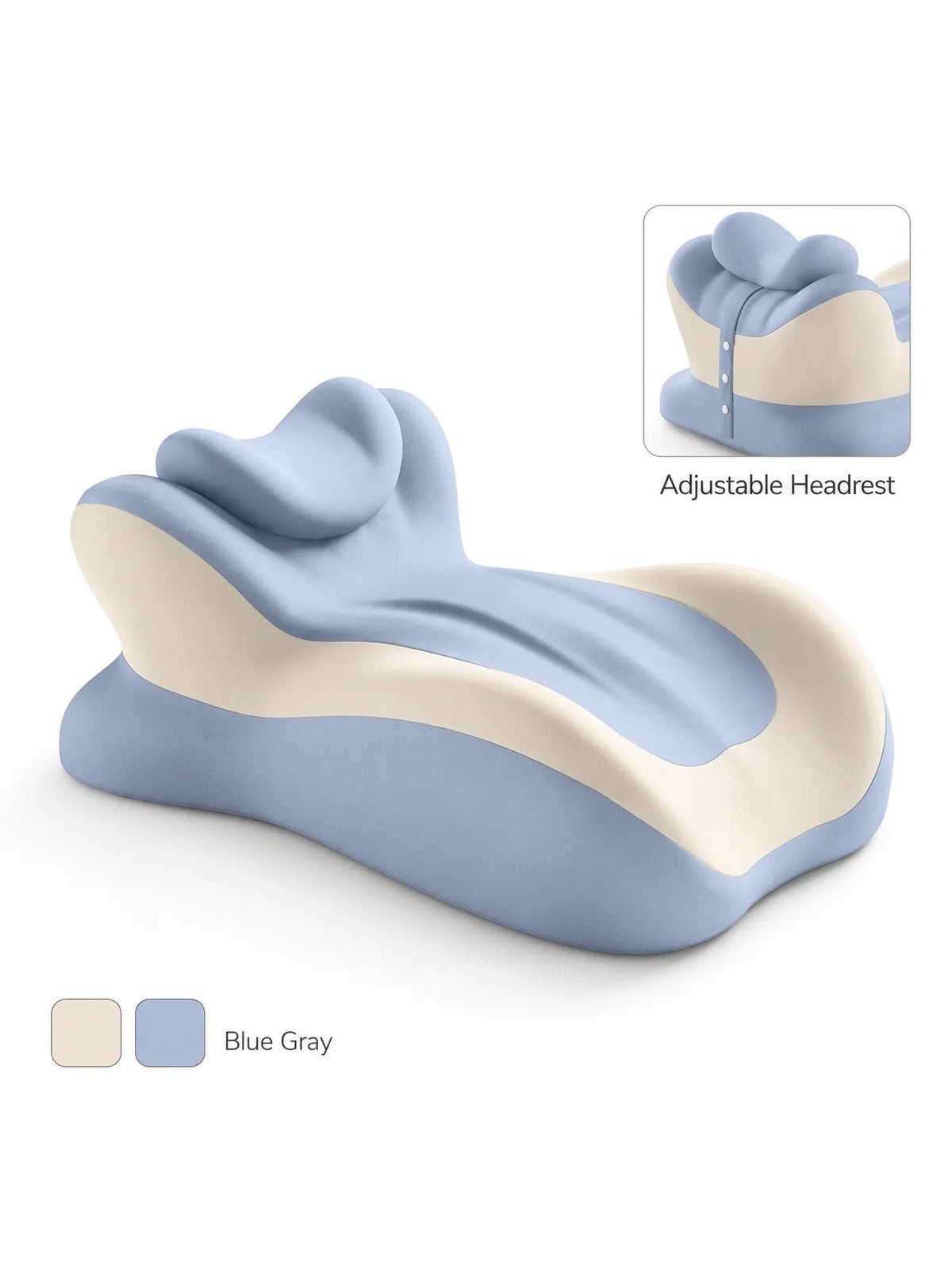 CozyCurve support pillow in Blue & Cream with the snap-on headrest shown in the inset