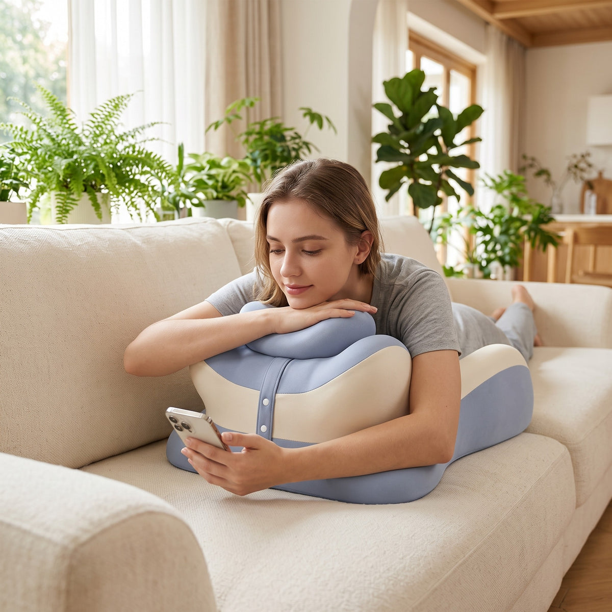 Scrolling a phone on the sofa with forearms on the CozyCurve pillow arm supports, blue and cream