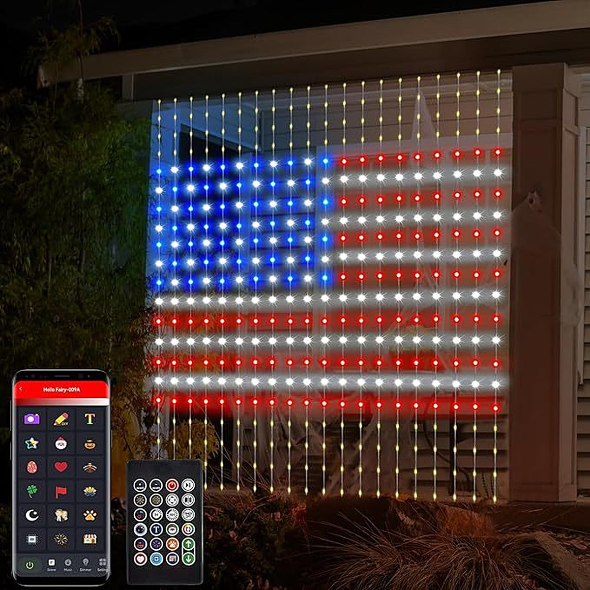 LED curtain showing an American flag in a window, with phone app and remote