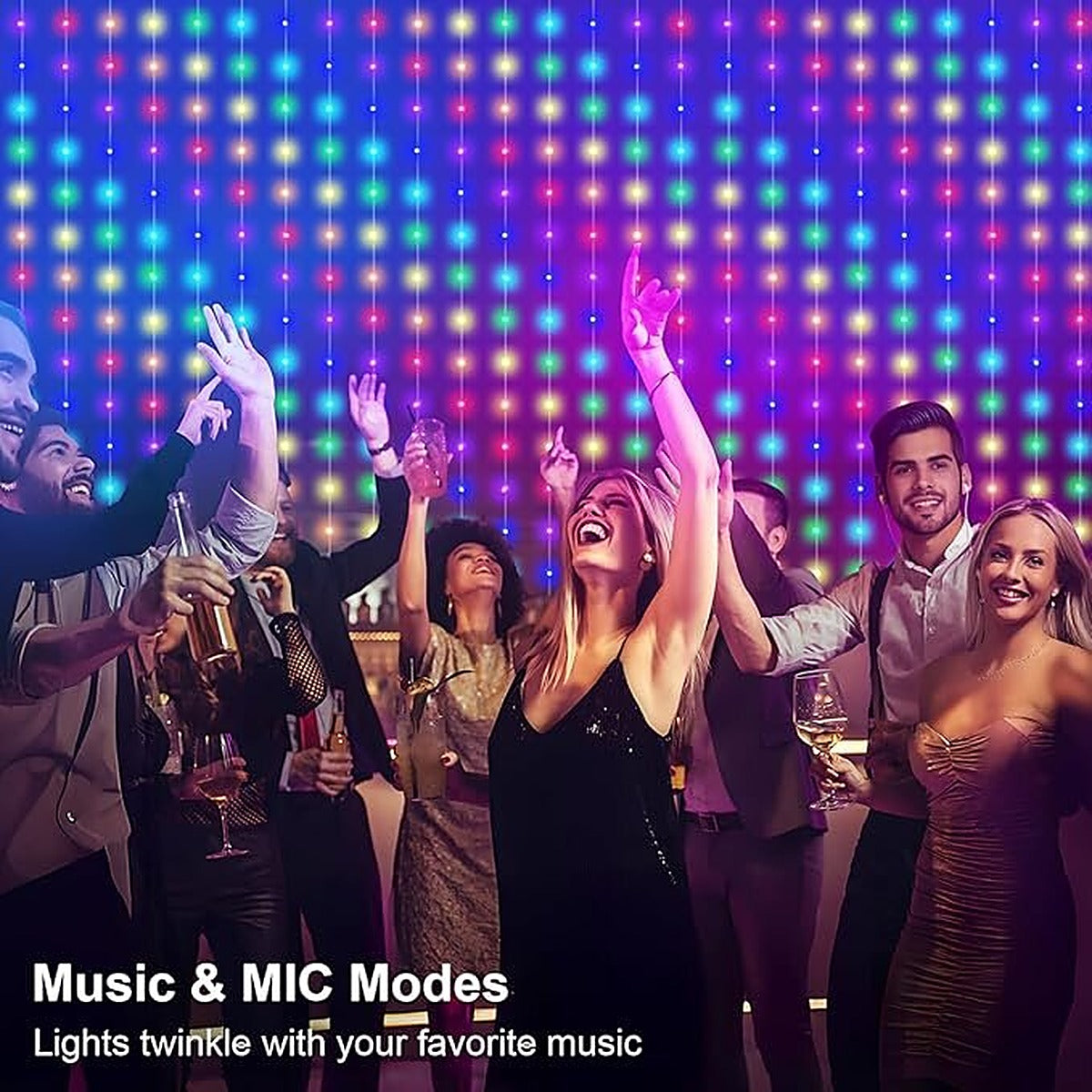 Party with colorful LED curtain lights behind