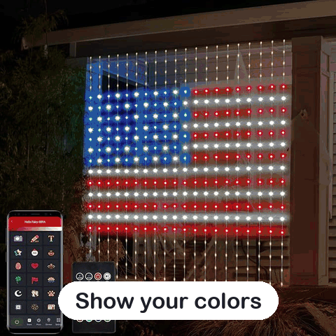Animated slideshow of patterns on the LED curtain: flag, heart, Christmas tree and pixel art