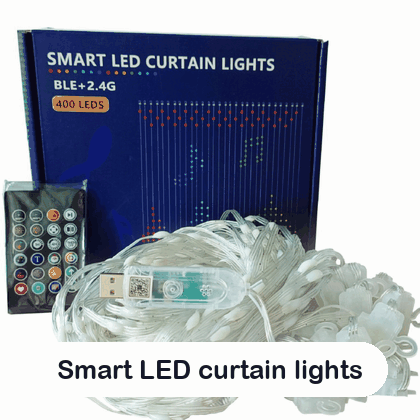 Animated close-up of the curtain lights, remote and USB controller