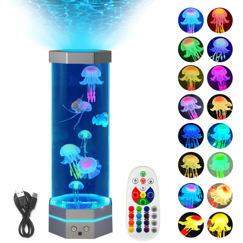 Jellyfish lava lamp in metallic silver with remote control and USB cable