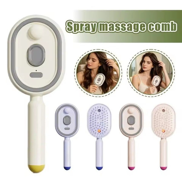 Electric spray hair brush releasing a fine hydrating mist while styling hair
