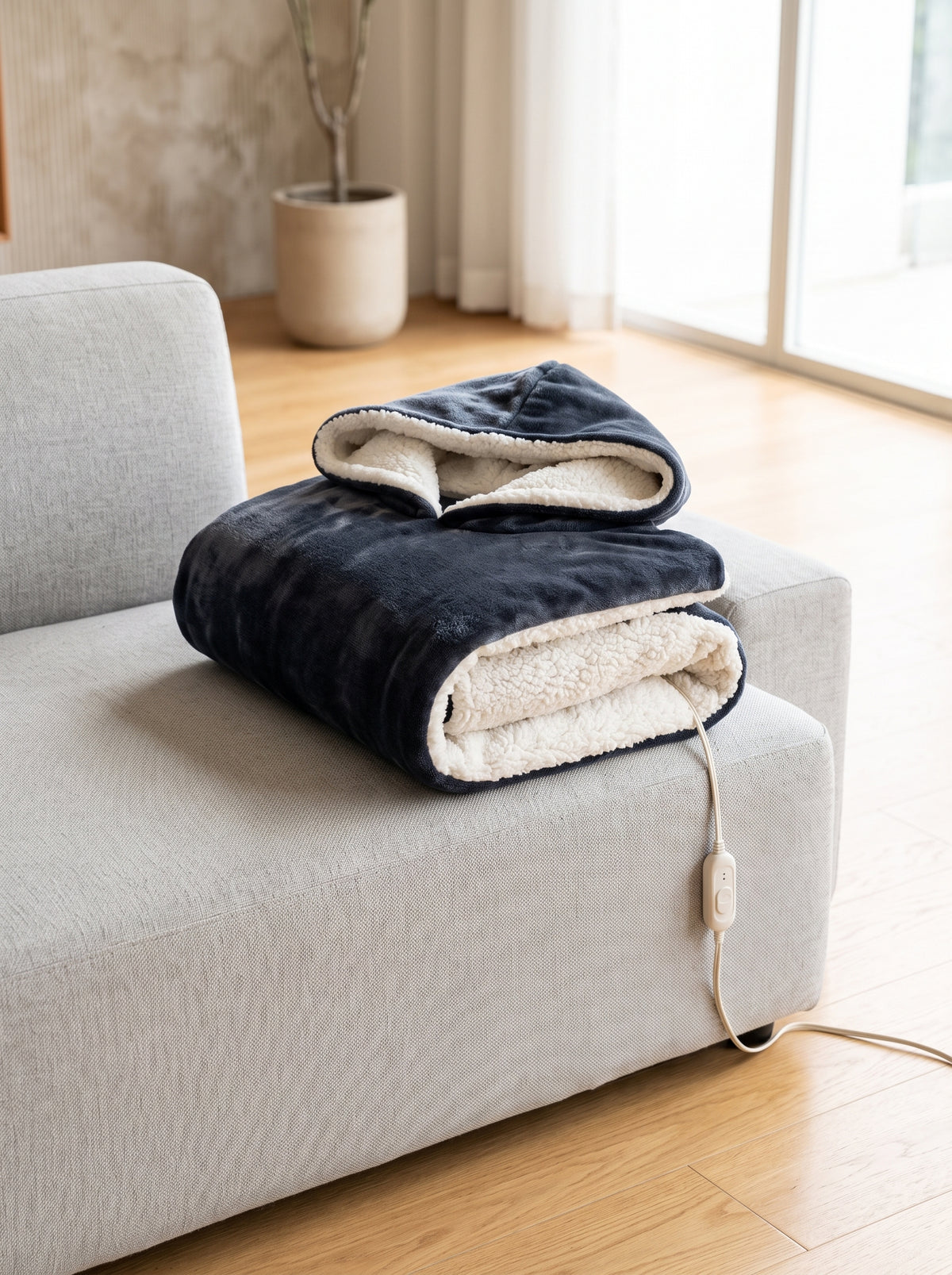 The hooded heated blanket folded neatly on the arm of a sofa