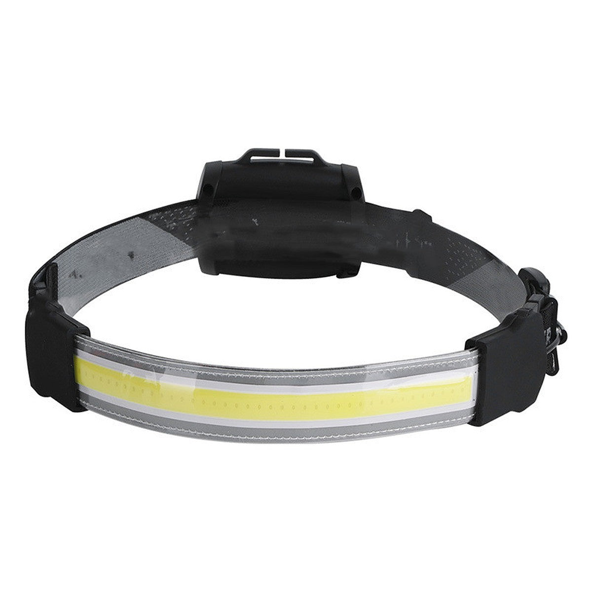 Wide-beam LED headlamp with a long light strip across the front of an adjustable band