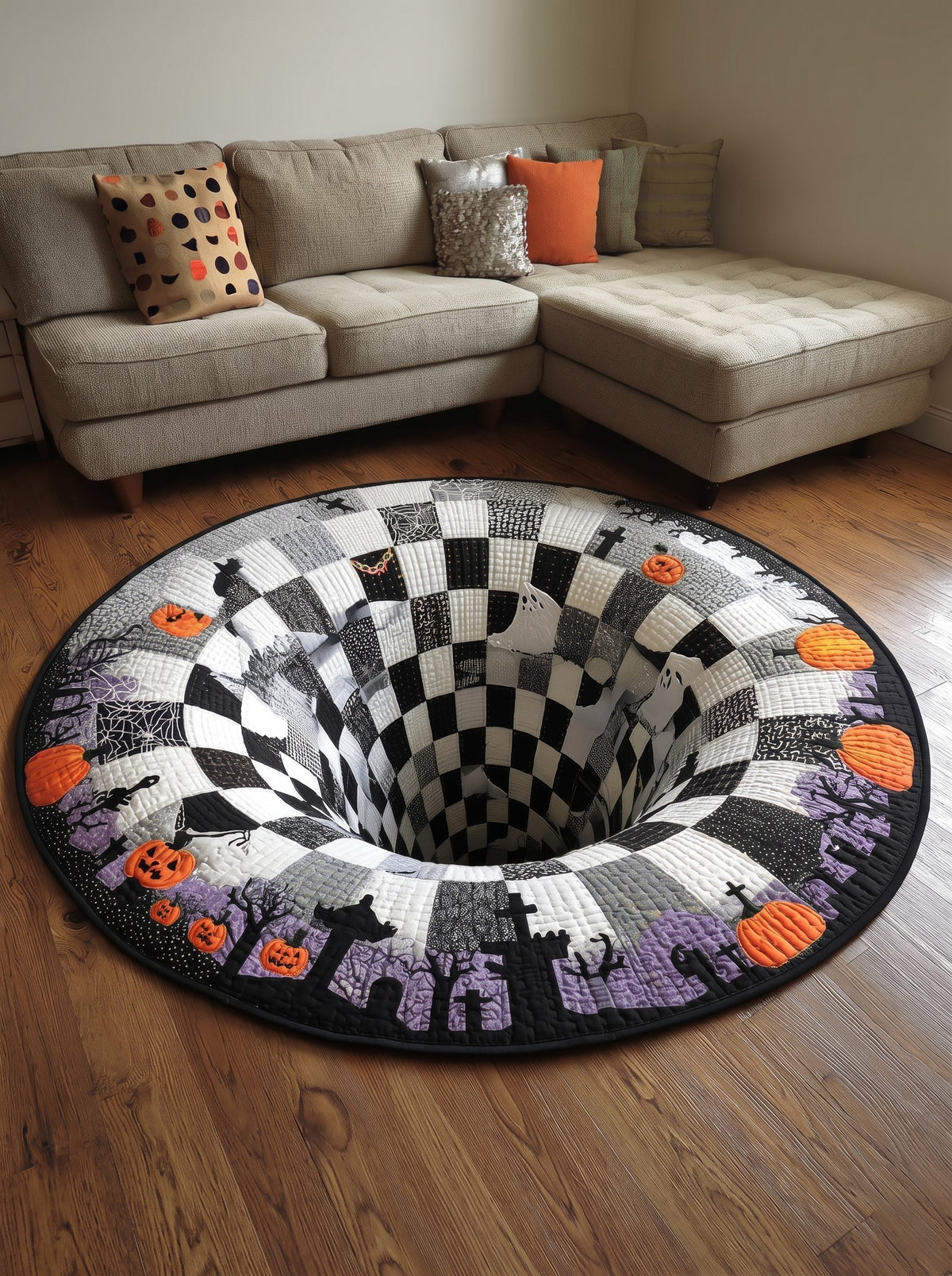 3D illusion Halloween rug – Graveyard Vortex design, round floor mat