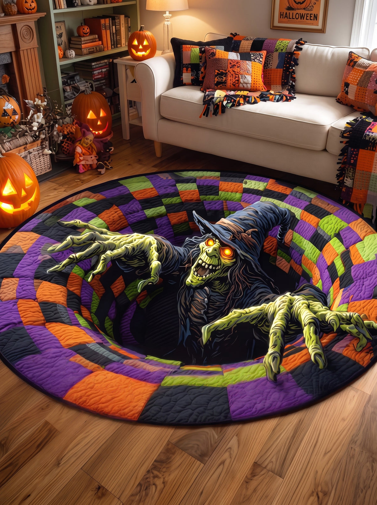 3D illusion Halloween rug – Witch Vortex design, round floor mat