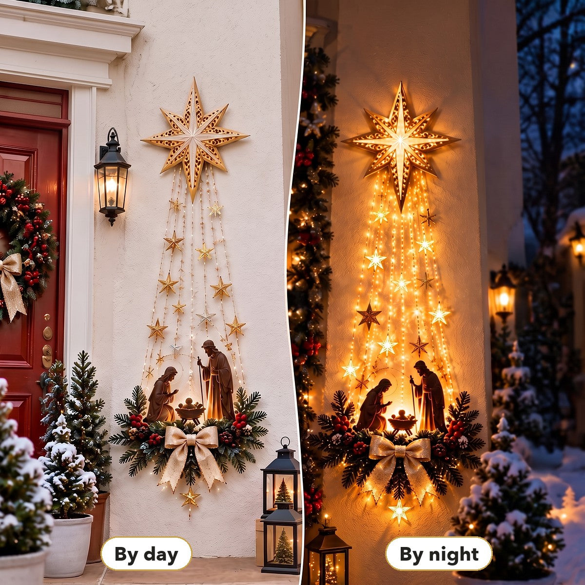 Illustration of the nativity wall decoration by day and lit up at night
