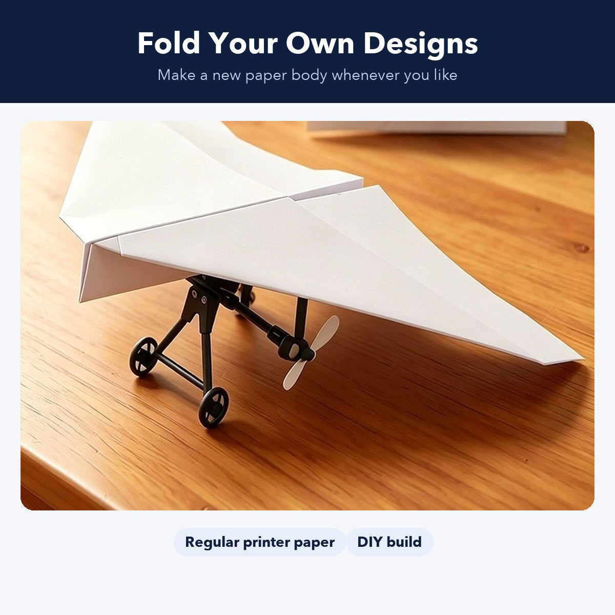 Folded paper airplane mounted on the RC power kit