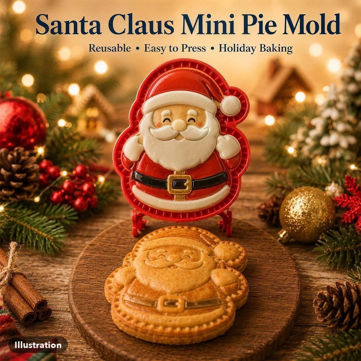 Illustration of a Santa mini pie mold next to a baked Santa hand pie