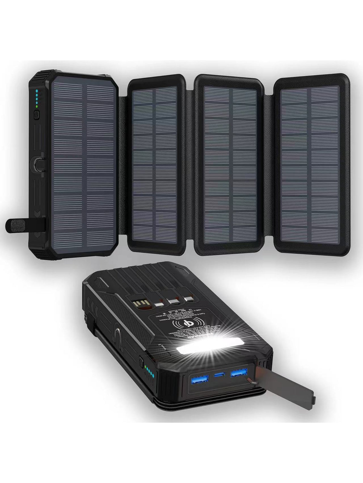 Meteorite Black solar power bank, panels open and closed