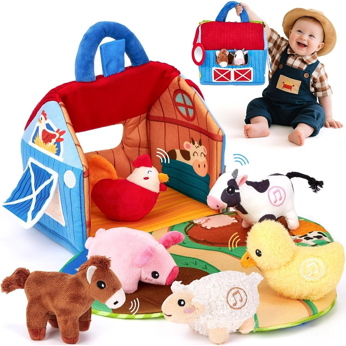 Plush farm barn opened into a play mat with a hen, cow, horse, pig, sheep and duck