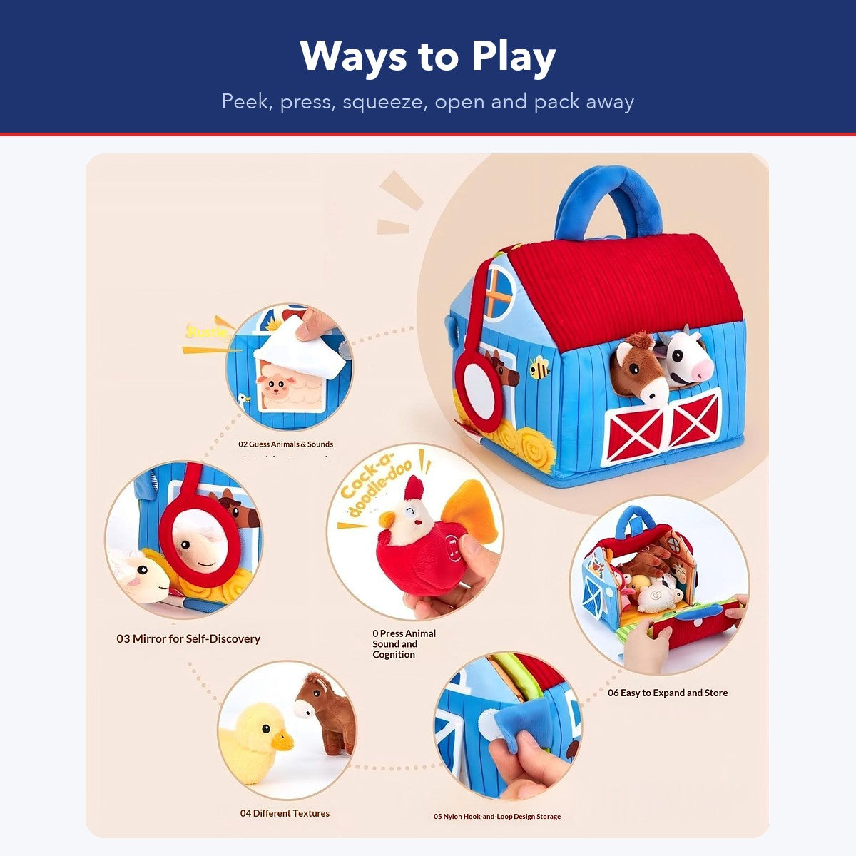 Ways to play with the plush barn: peek flap, mirror, press for sound, textures, hook-and-loop sides, open and store