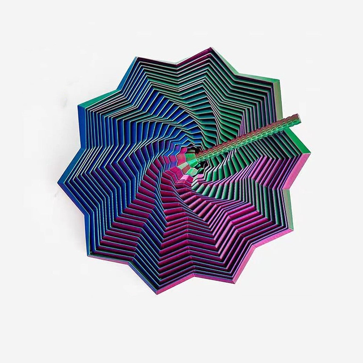 Red, blue and green 3D-printed spiral fidget star with its pull handle
