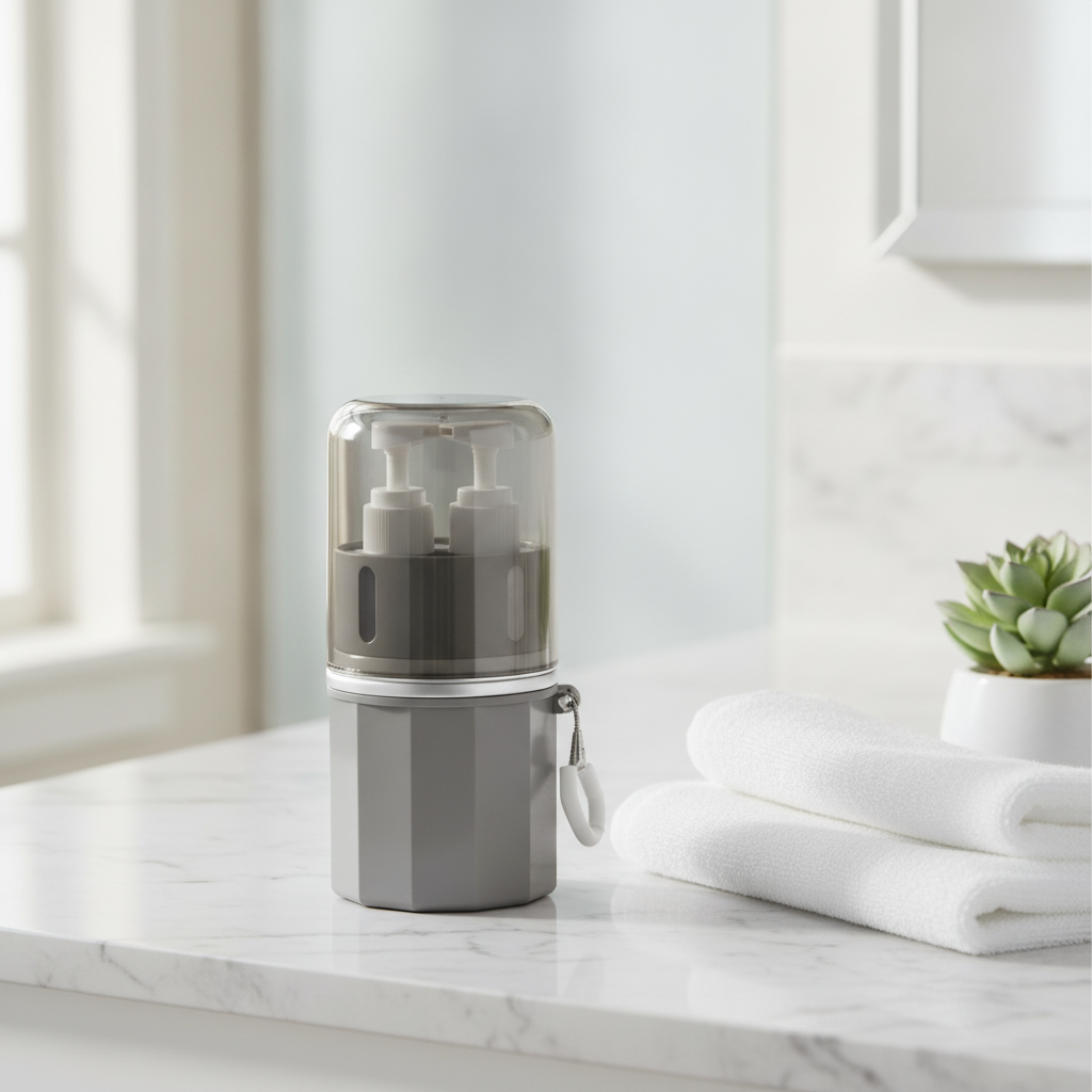 Travel dispenser capsule on a hotel bathroom counter
