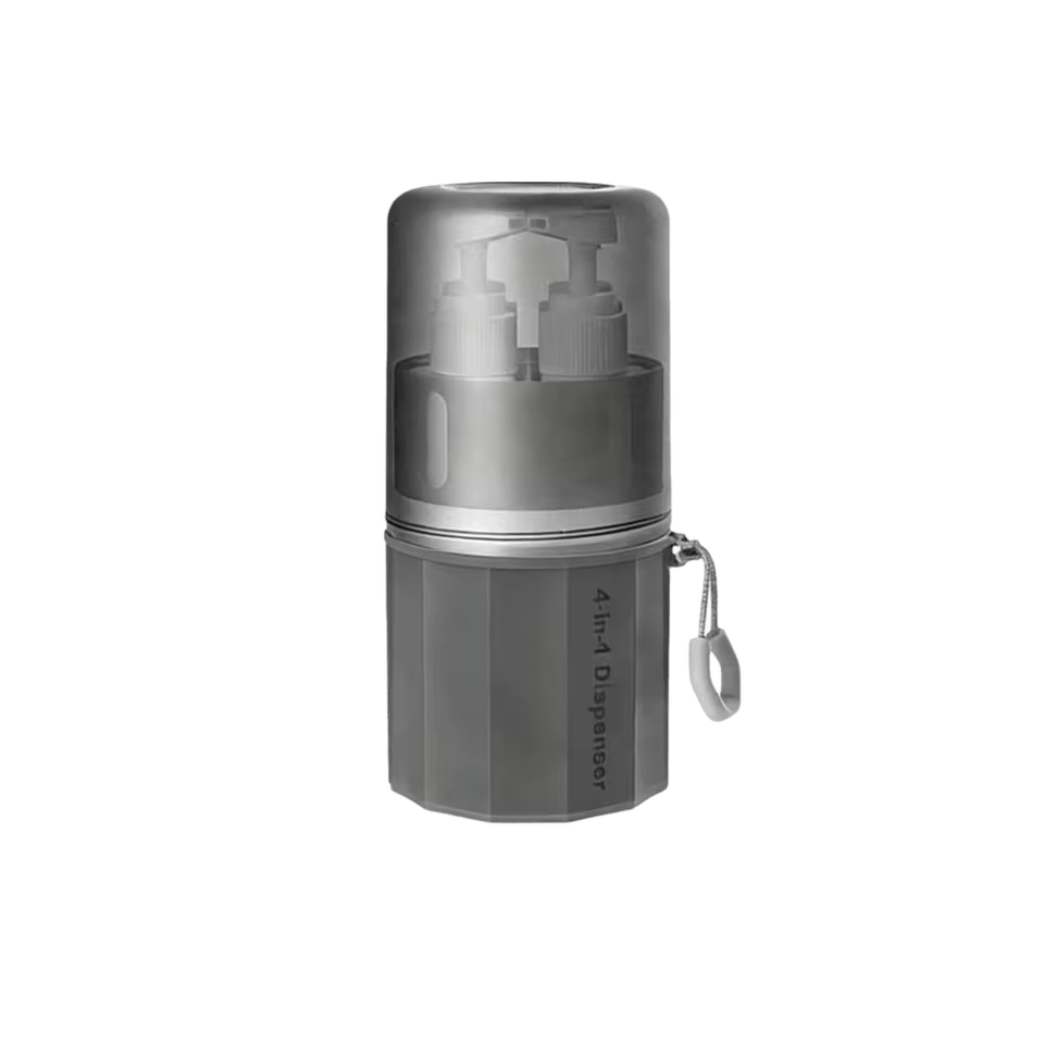 4-in-1 refillable travel bottle set in grey