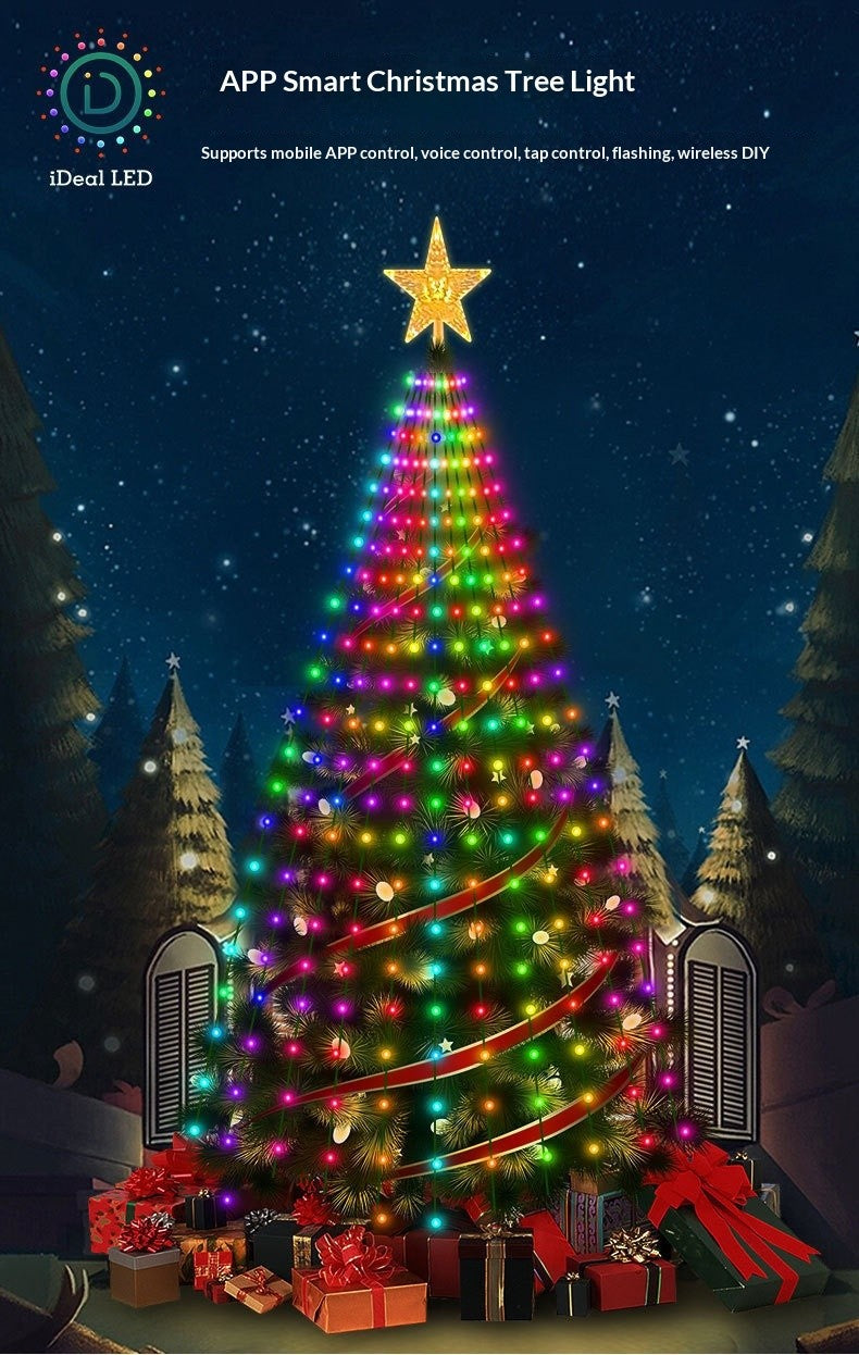 App-controlled smart Christmas tree lights on a decorated tree with a gold star topper
