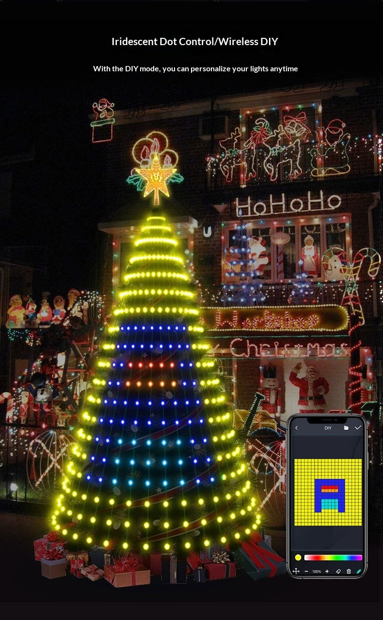 Tree lights in a custom DIY pattern drawn in the app, outside a decorated house