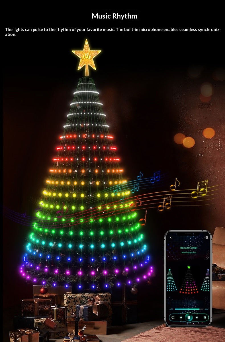 Tree lights pulsing in rainbow bands in music rhythm mode