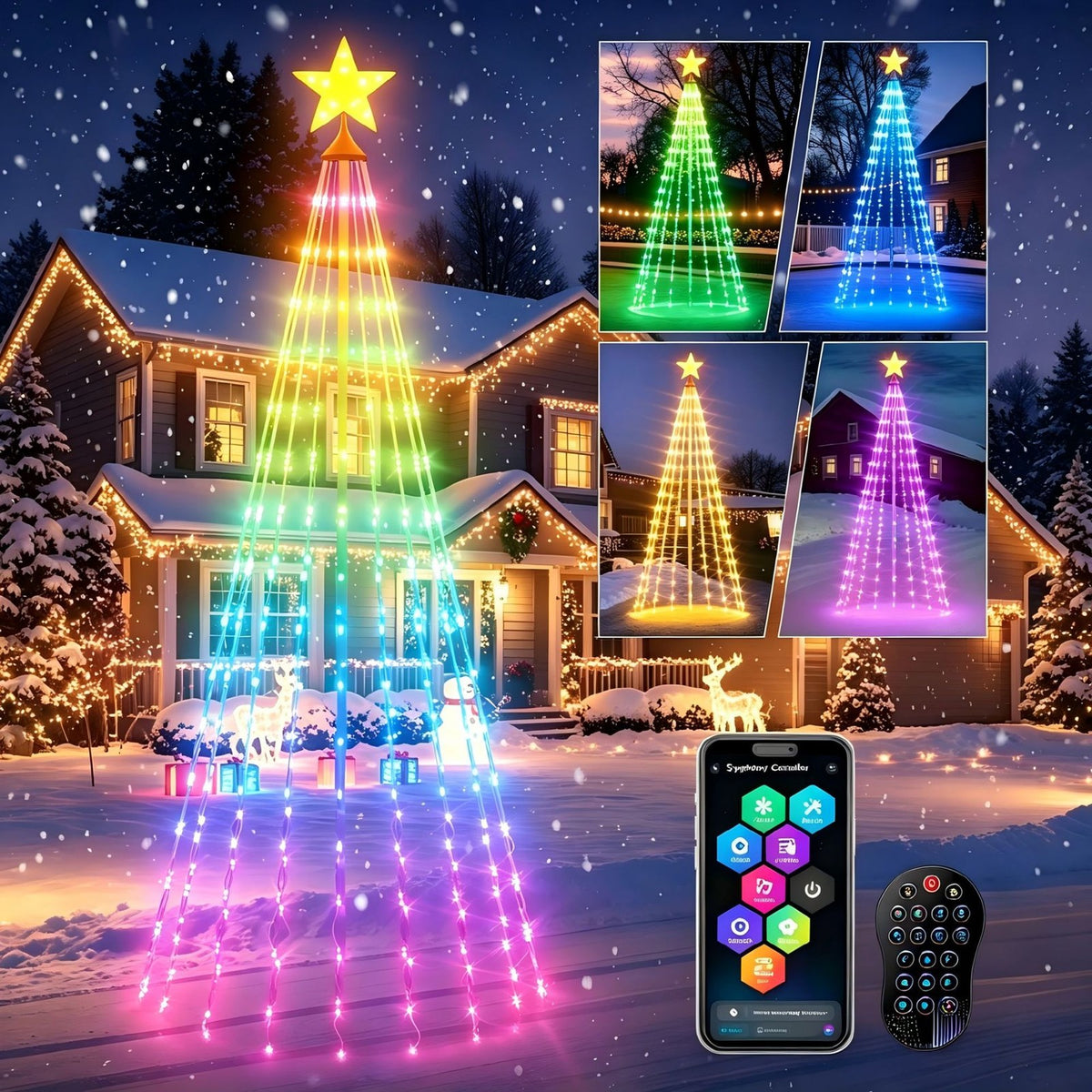 Smart LED Christmas tree lights glowing in rainbow colors in a snowy front yard, with app and remote shown
