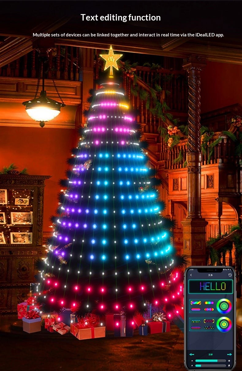 Tree lights with the app text editor showing a custom HELLO message